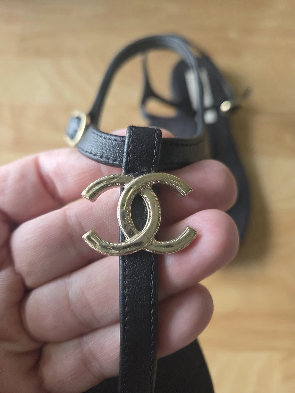 CHANEL Black Leather T-Strap Sandals with Gold CC Logo